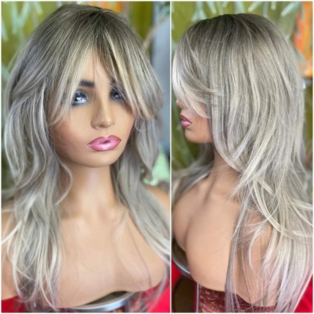 grey blonde long layered wig curtain bangs